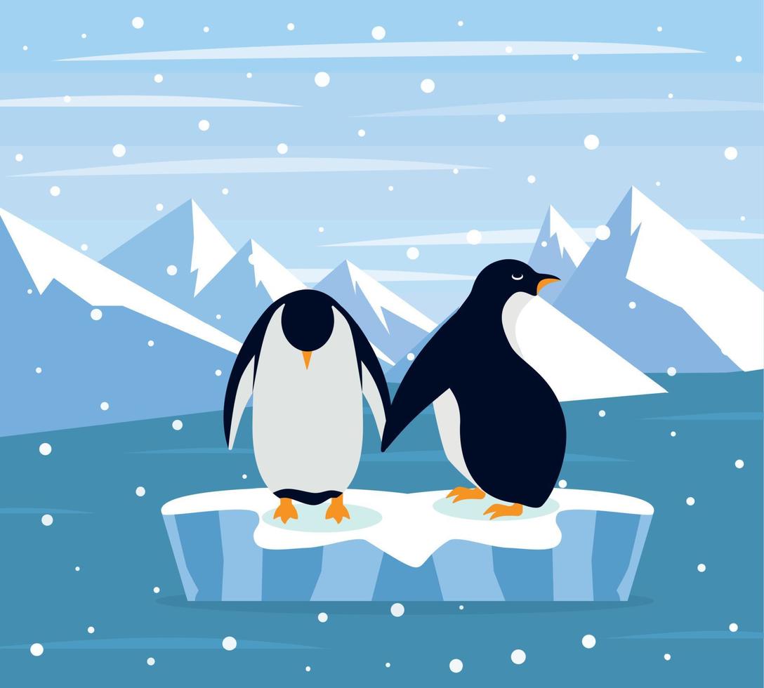 Beautiful panorama with natural arctic glacier and with group penguin. Panoramic landscape of north sea or arctic ocean snow mountains. Frozen nature of Antarctica vector