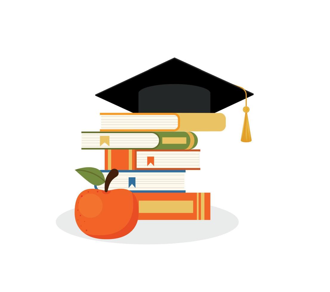 Graduation cap and books. The concept education. Stack of books, cap, hat. Vector. vector