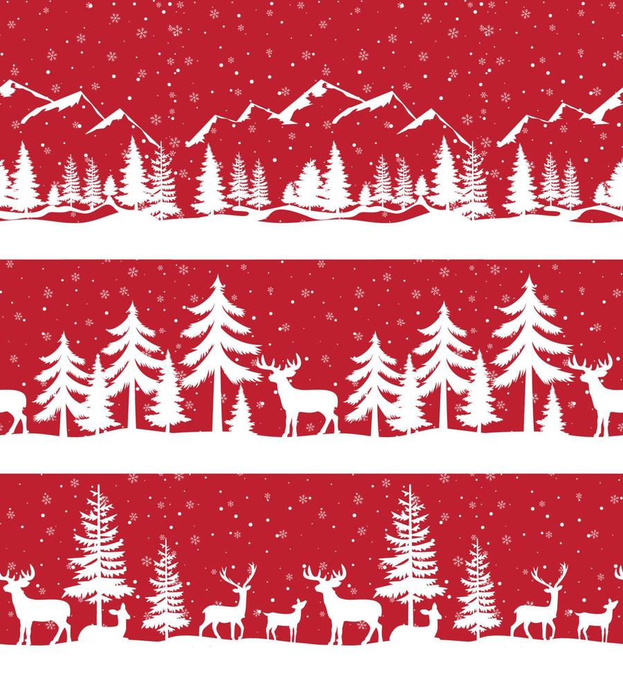 Christmas seamless pattern. Snow winter landscape with deer. Merry christmas greeting card. vector