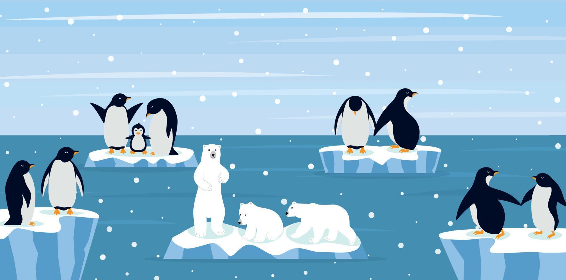 Beautiful panorama with natural arctic glacier and with group penguin. Panoramic landscape of north sea or arctic ocean snow mountains. Frozen nature of Antarctica vector