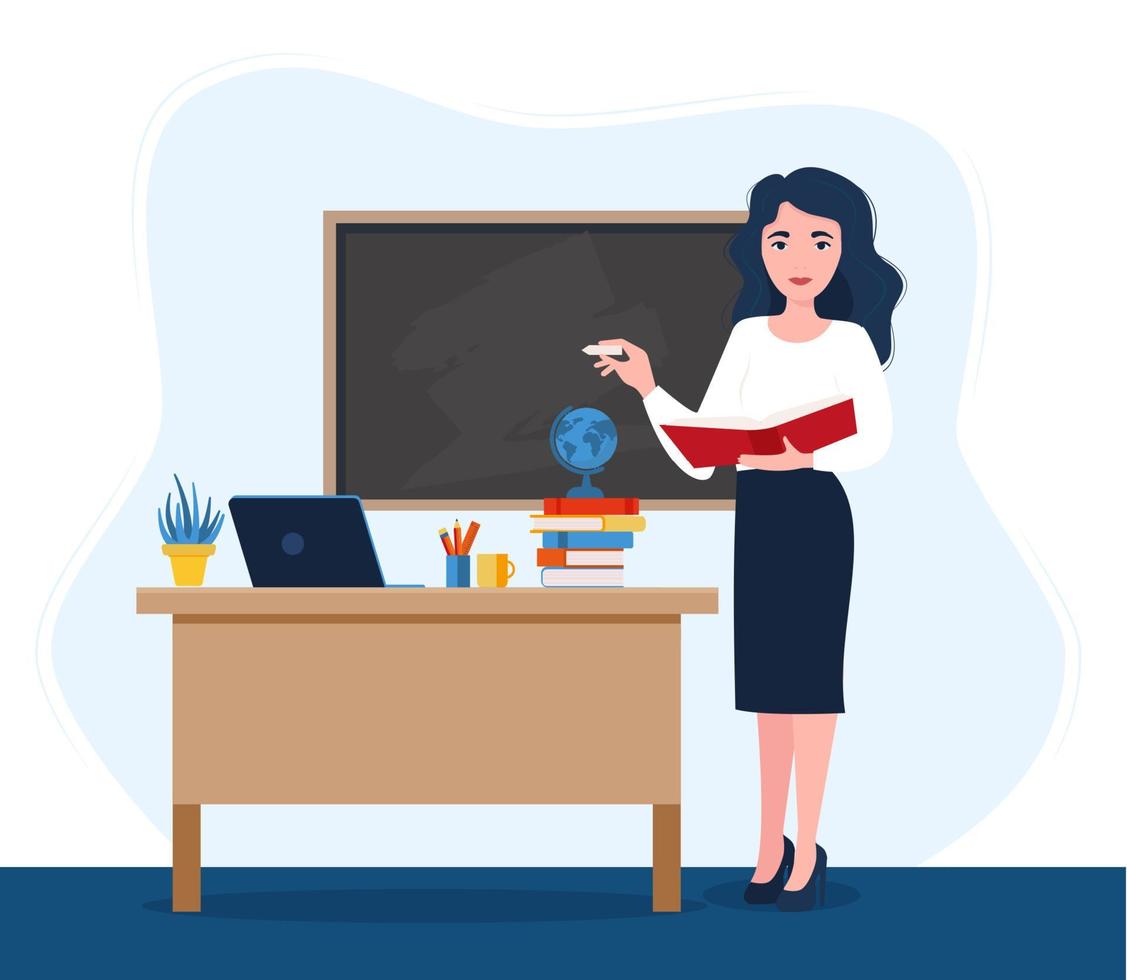 Female teacher in classroom. Smiling woman teacher standing by blackboard or chalkboard in the classroom. School and learning concept, teacher s day. vector