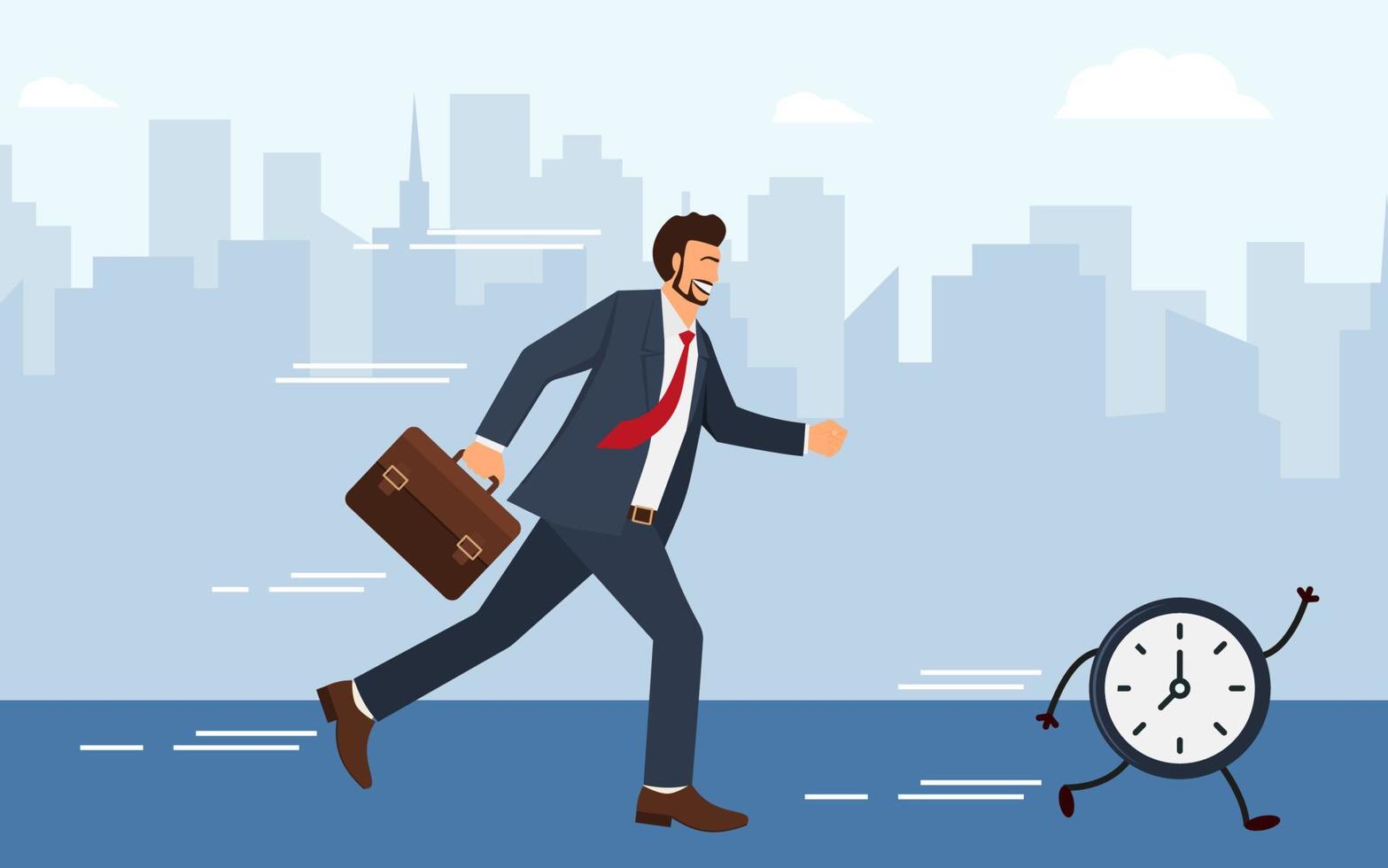 Race against time. Managers chasing pocket watch. Business vector illustration
