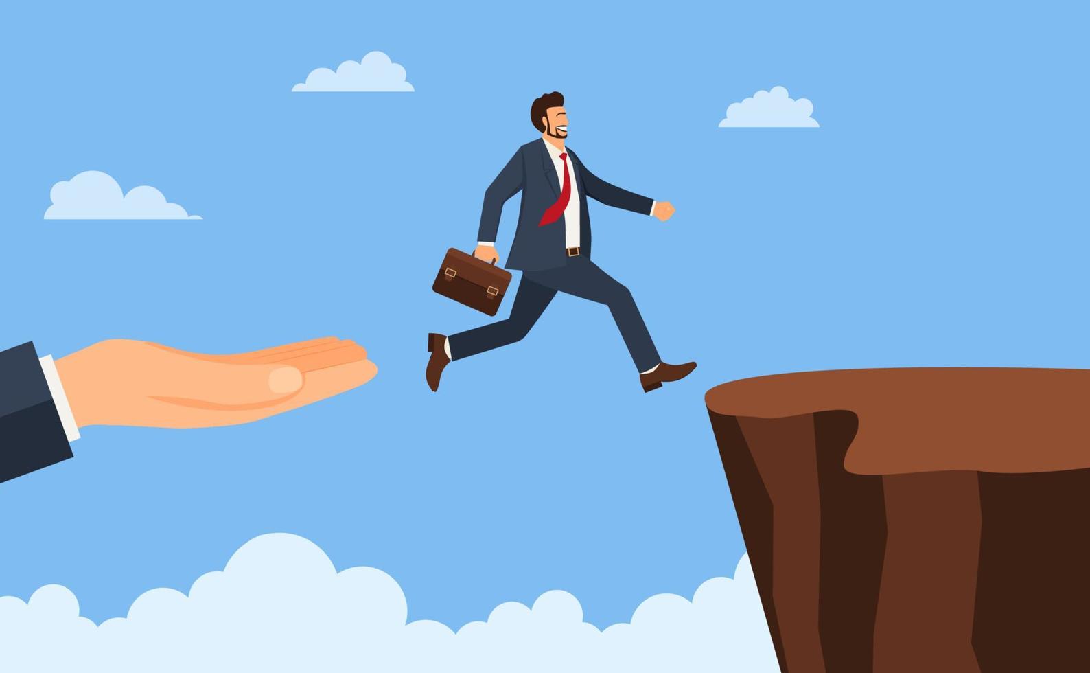 Businessman jump through the gap obstacles between hill success. Running and jump over cliffs. Business risk and success concept. Cartoon Vector Illustration.