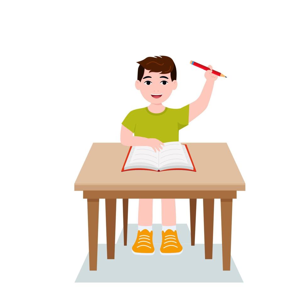 Boys are writing, kids doing homework, maths at home. Cartoon cute little boy in red shirt Siting on the desk. The concept of learning age. Vector illustrations isolated on white background.