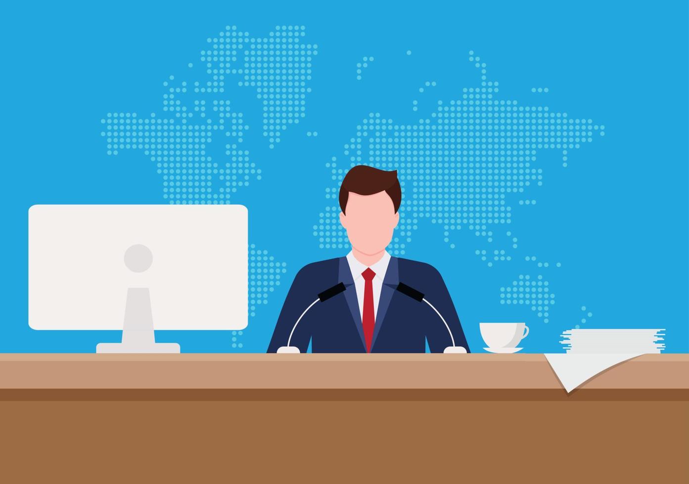 Press conference. Man standing at rostrum with microphones in auditorium with people, world map on background. Flat design graphics for web banners, websites, printed materials. Vector illustration