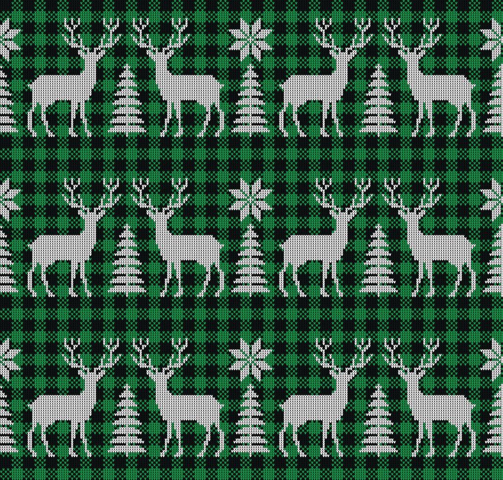 Ugly sweater at Buffalo Plaid Merry Christmas and Happy New Year greeting card frame border . illustration knitted background seamless pattern with folk style scandinavian ornaments. vector