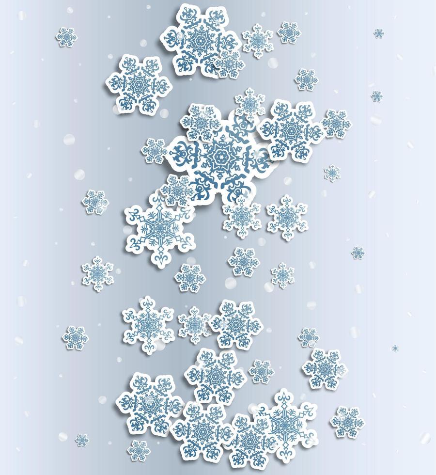 Christmas greeting card with type design and decorations on the snowy blue background. Vector illustration.