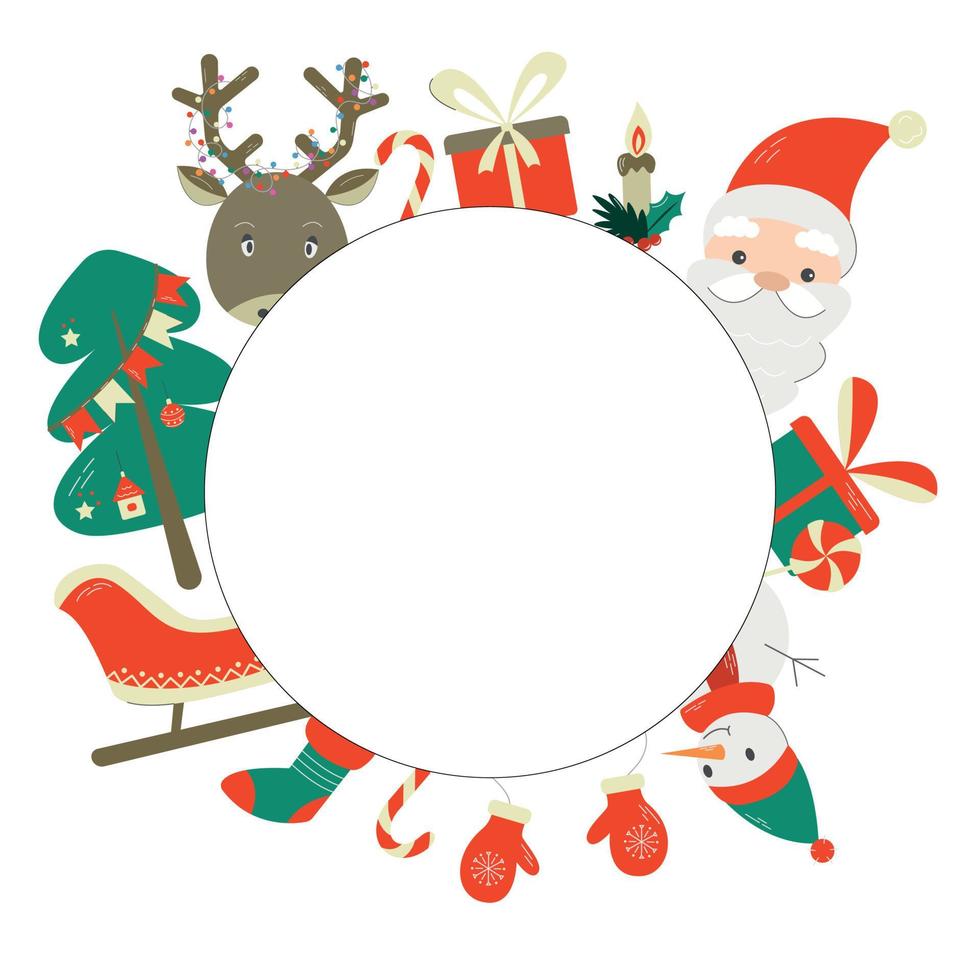 Christmas greeting frame with traditional symbols - Snowman, Santa, Reindeer, Tree, Gifts and Sleigh. Vector illustration in flat cartoon style, isolated on white background. Holiday concept.