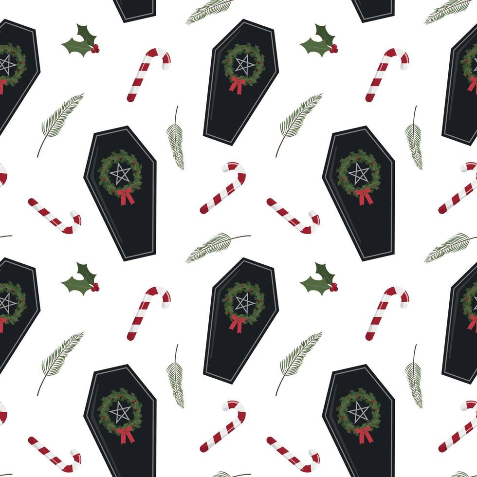 Creepy Christmas coffin with candy canes, holly berries and branches. Isolated on white background. Christmas and New Year digital paper design. vector