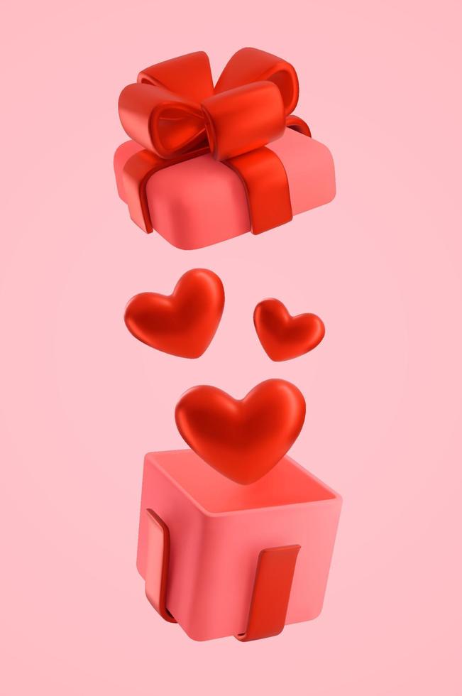 An open gift box with a red bow and 3d hearts flying out. Vector illustration for mother's day or Valentine's day, for a wedding. A decorative element in a trendy style