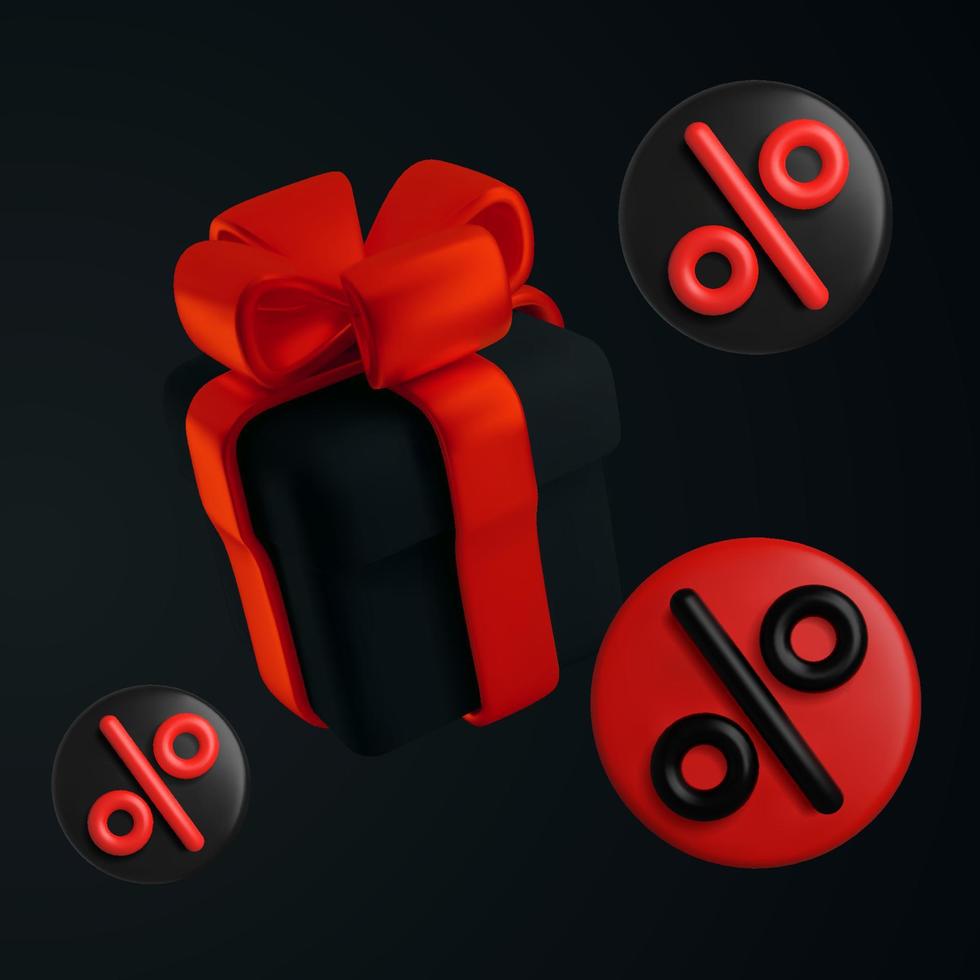 Vector illustration of the Black Friday sale with 3D elements. Black gift box with red bow and percent signs.