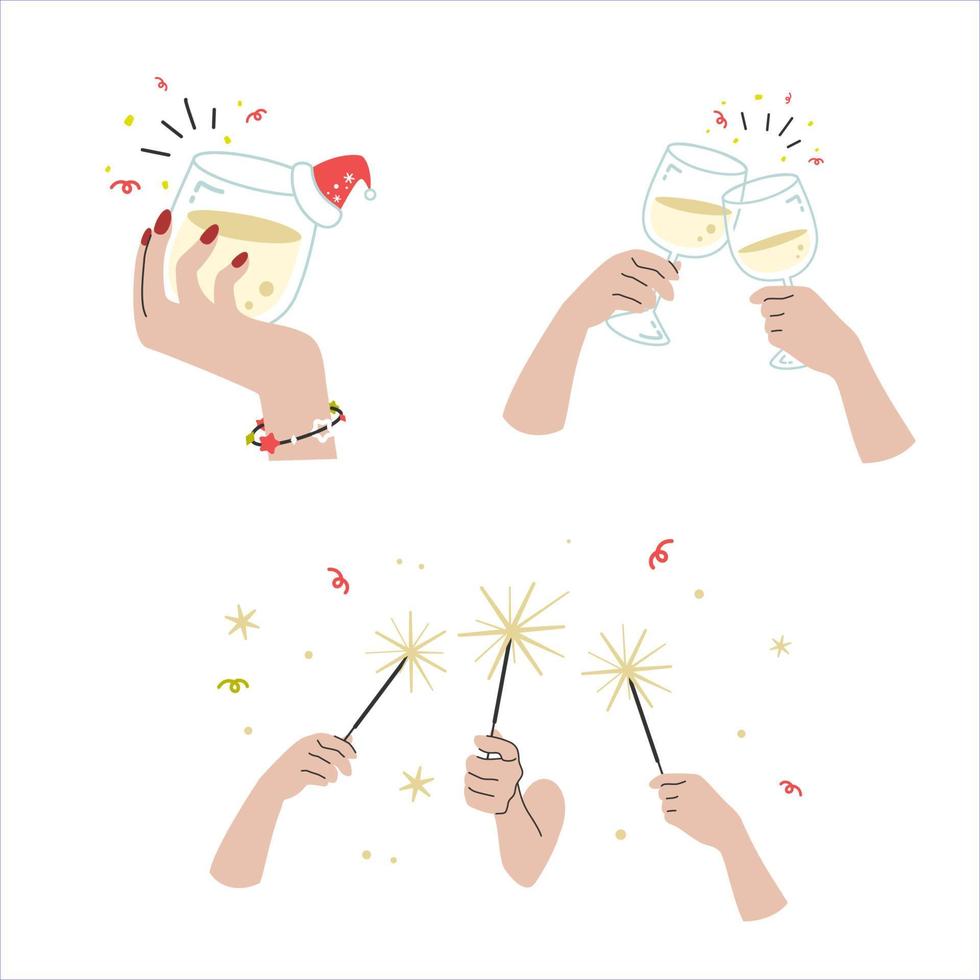 Set of hands holding glasses in Christmas party cartoon flat vector illustration isolated on white background. People enjoy celebration toast with champagne.