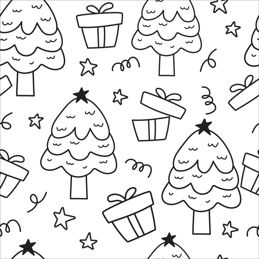 árbol de navidad y regalo doodle dibujado a mano sin fisuras de fondo. diseño para envolver, afiche, plantilla, papel tapiz vector