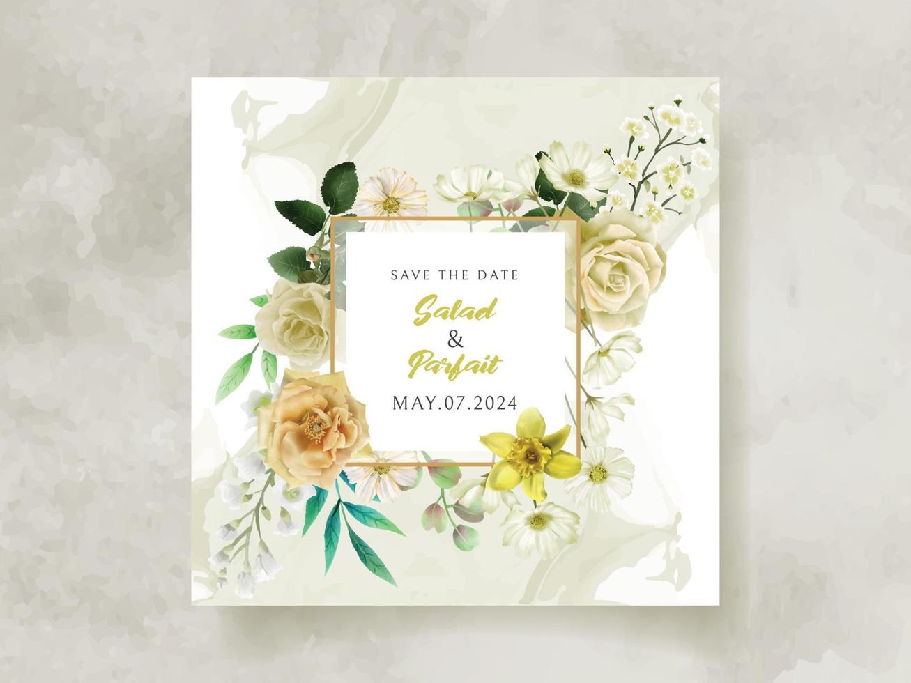 tarjeta de invitación de boda con ilustración de flores amarillas vector