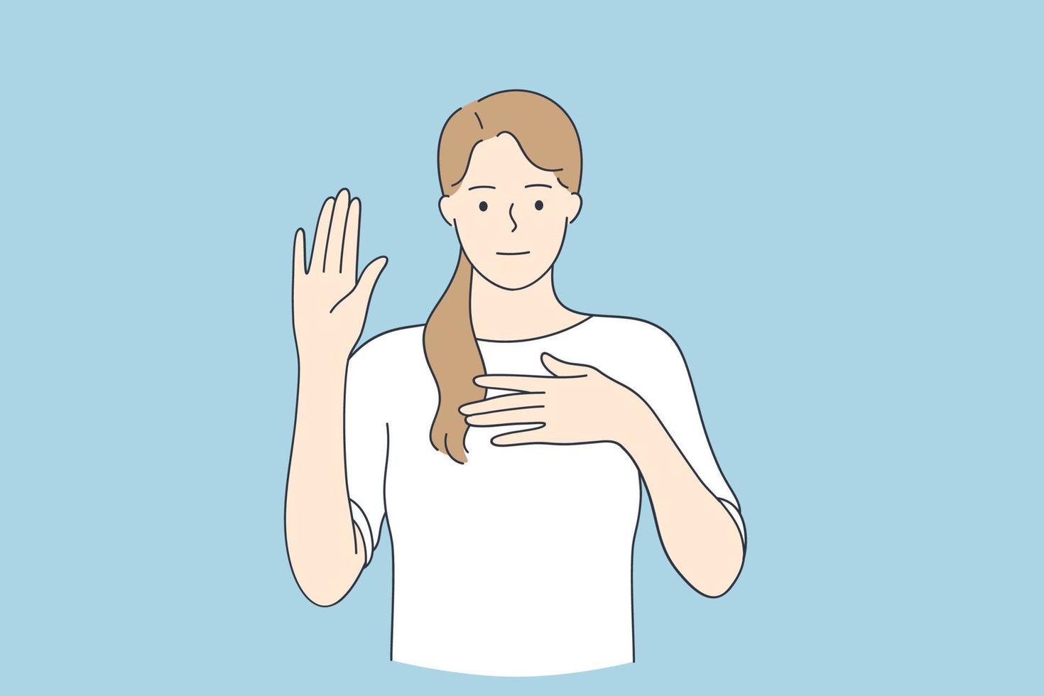 concepto de juramento de promesa de lealtad. personaje de dibujos animados de mujer joven con ropa informal jurando con la mano en el pecho y la ilustración de vector de palma abierta