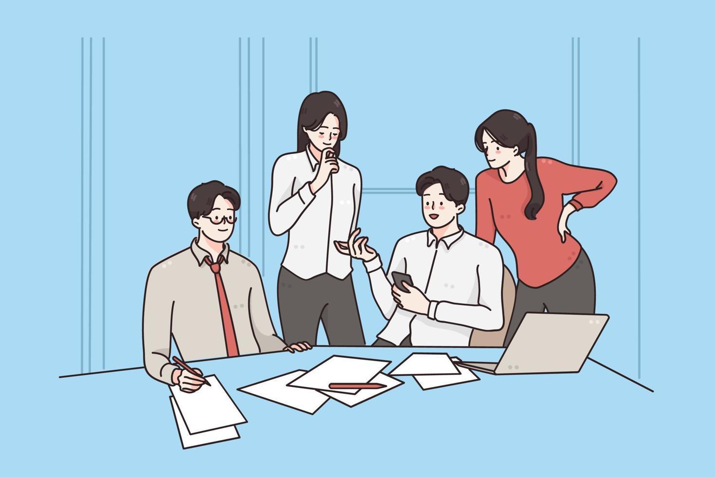 Teamwork, brainstorm, discussion concept. Group of business partners workers colleagues discussing business development strategy in office having brainstorming together vector illustration