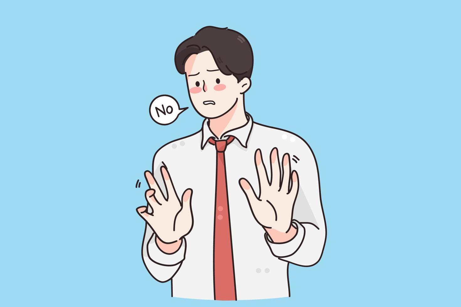 Stop, forbidden sign, refusal concept. Young frustrated handsome businessman wearing tie standing Moving away hands palms showing refusal and denial vector illustration