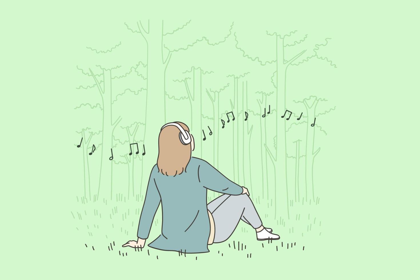 Recreation, leisure and Listening to music concept. Young happy woman cartoon character in headphones sitting on grass in park listening to music vector illustration