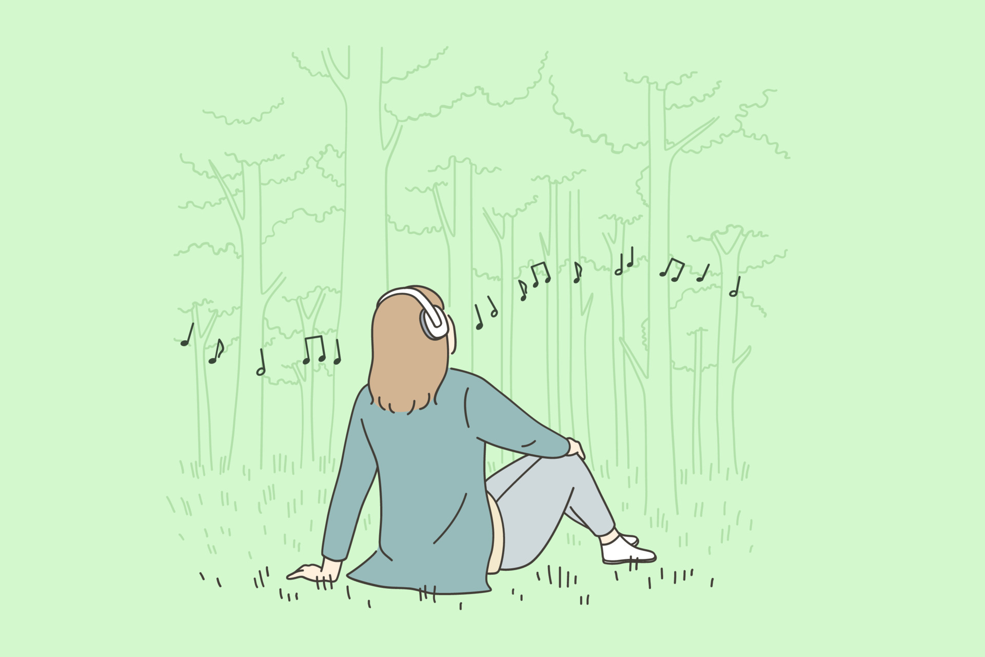 Recreation, leisure and Listening to music concept. Young happy woman cartoon  character in headphones sitting on grass in park listening to music vector  illustration 14004554 Vector Art at Vecteezy