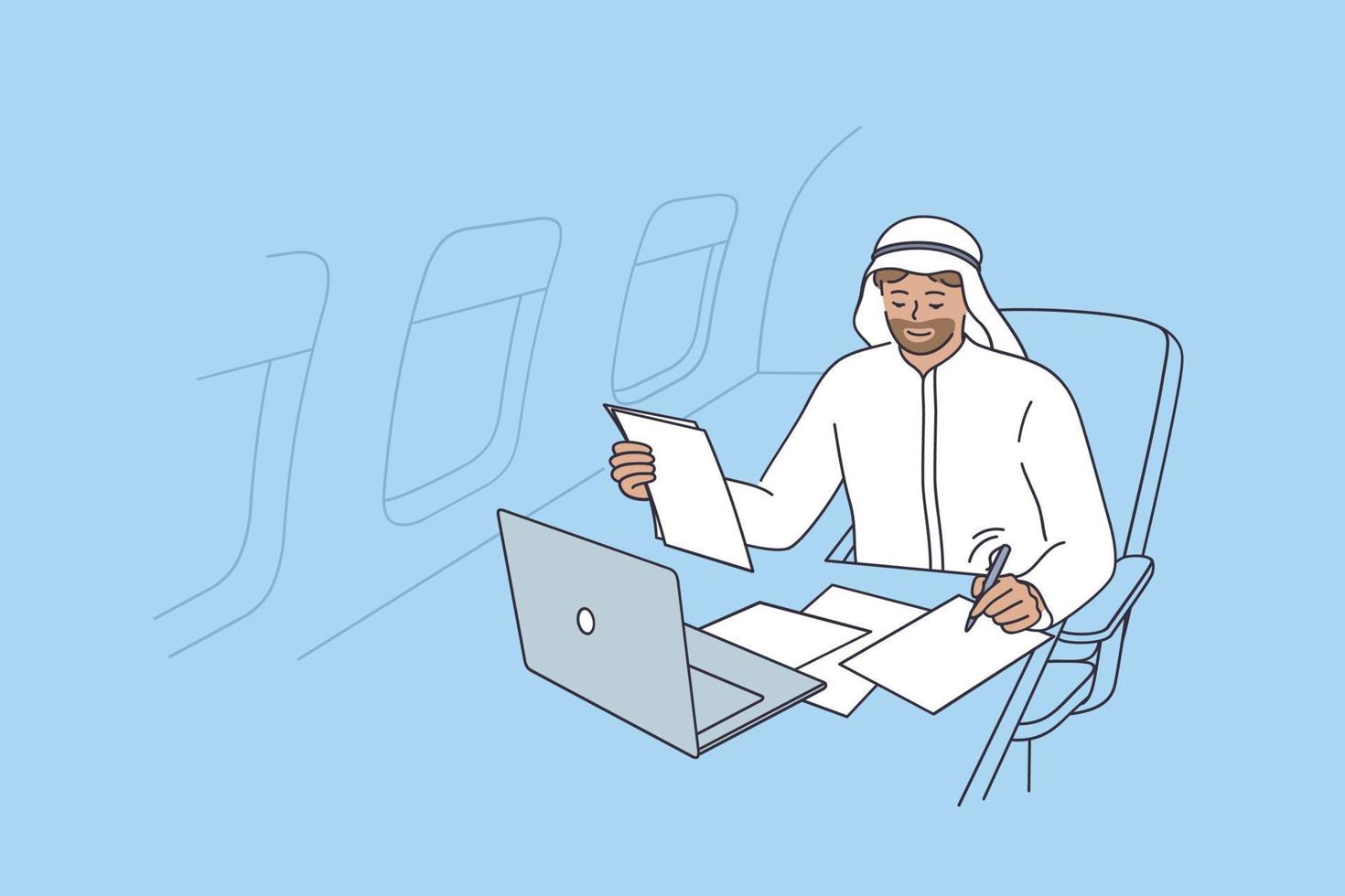 Private plane and luxury life concept. Young smiling Businessman from united arab emirates fsitting lying on his private jet to Dubai and working with business documents vector illustration