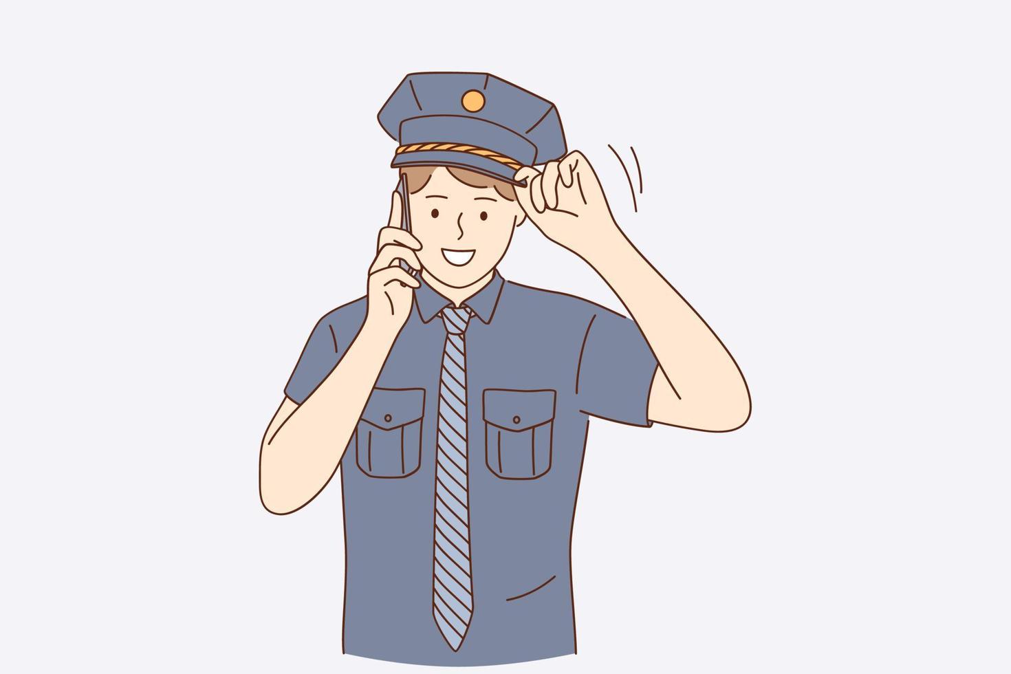 Policeman during work concept. Young handsome positive policeman wearing police uniform talking on smartphone outdoors vector illustration
