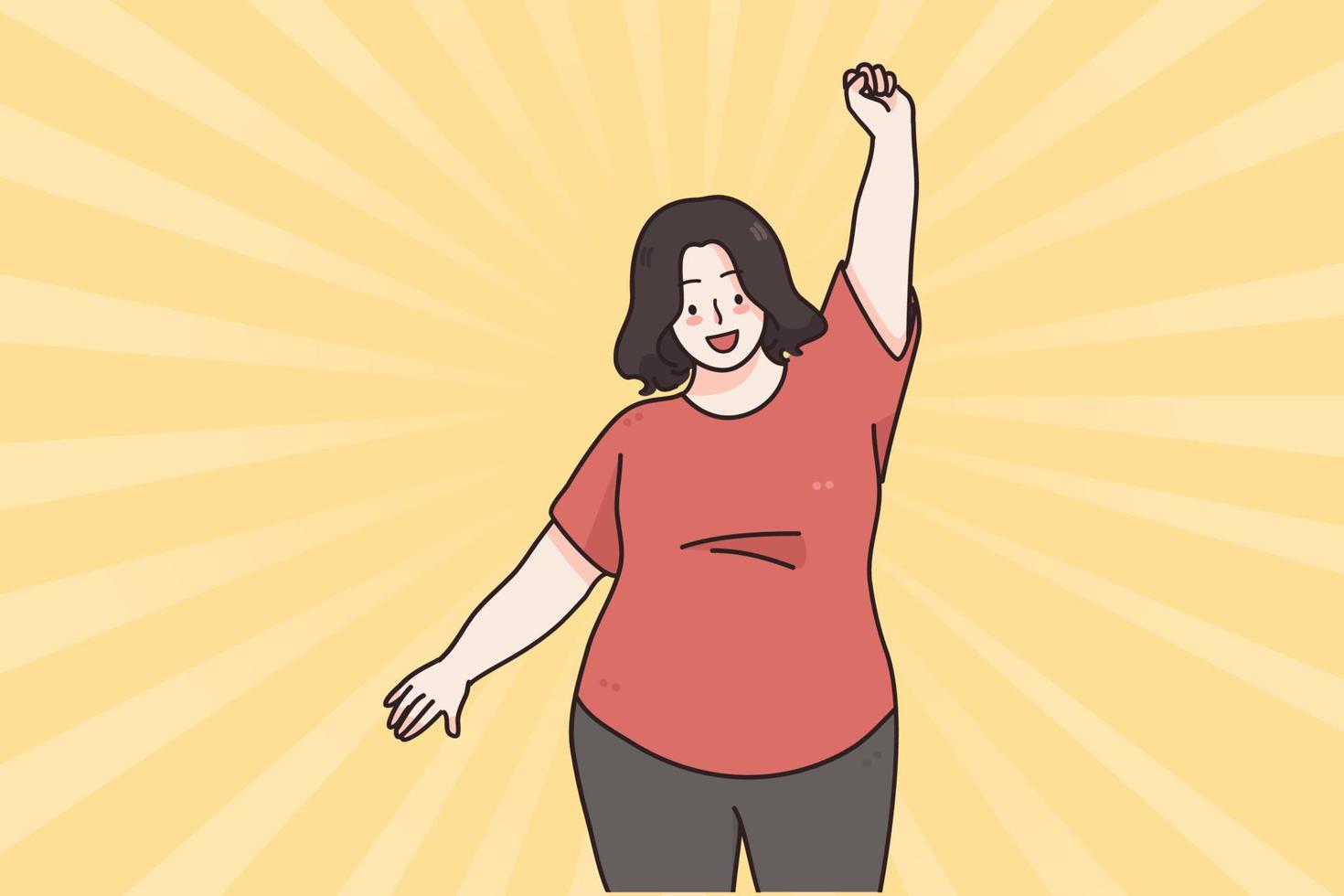 cuerpo positivo y concepto de aceptación. feliz sonriente mujer de gran  tamaño personaje de dibujos animados posando y bailando sintiéndose segura  y positiva ilustración vectorial 14004560 Vector en Vecteezy