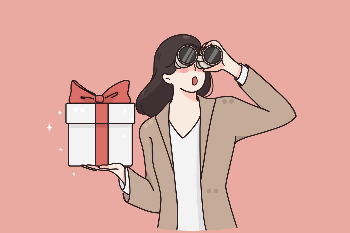 concepto de viernes negro, ventas y descuentos. joven sorprendida mujer personaje de dibujos animados de pie con caja de regalo y binoculares en las manos ilustración vectorial vector