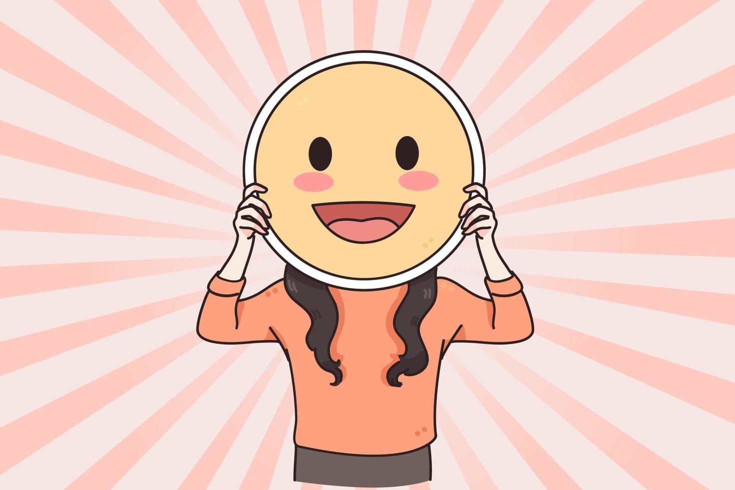 Positive emoji and copy space concept. Female hiding her face behind happy emoji smile, with copy space, happy positive emotion vector illustration