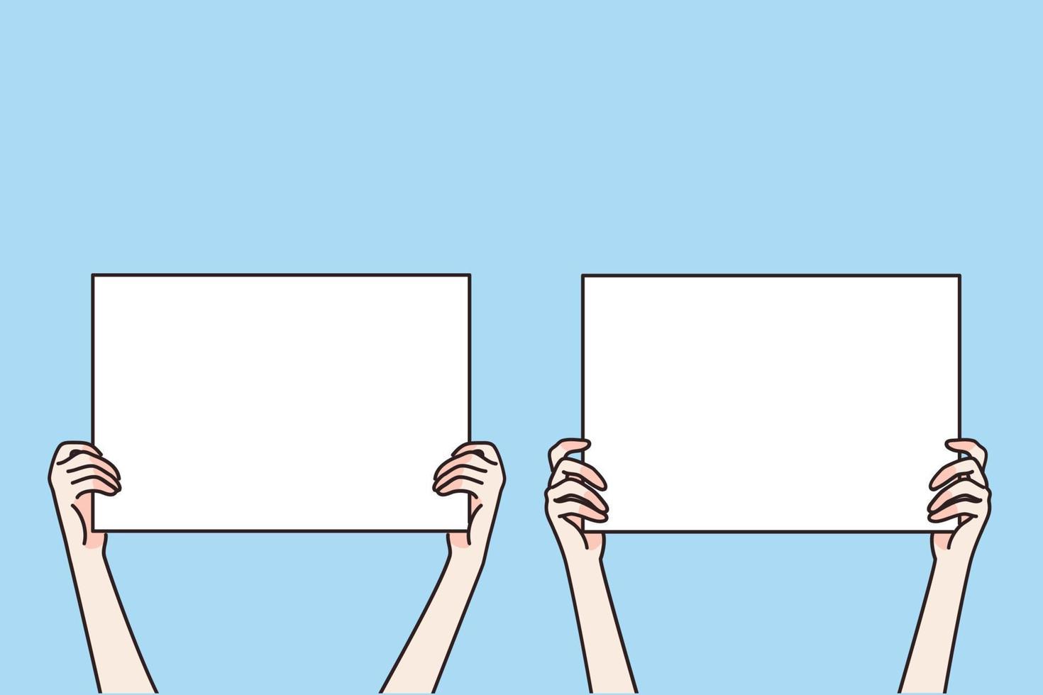 Copy space blank screen concept. Human hands holding screens with blank white spaces for text or advertisement vector illustration