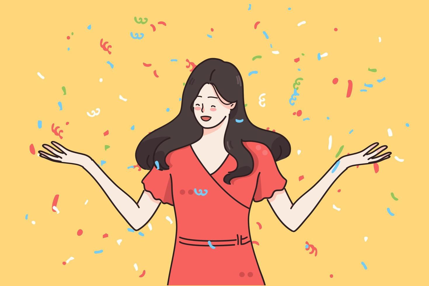 Party and celebrating event concept. Young smiling female in red dress cartoon character standing and touching colorful confetti in air vector illustration