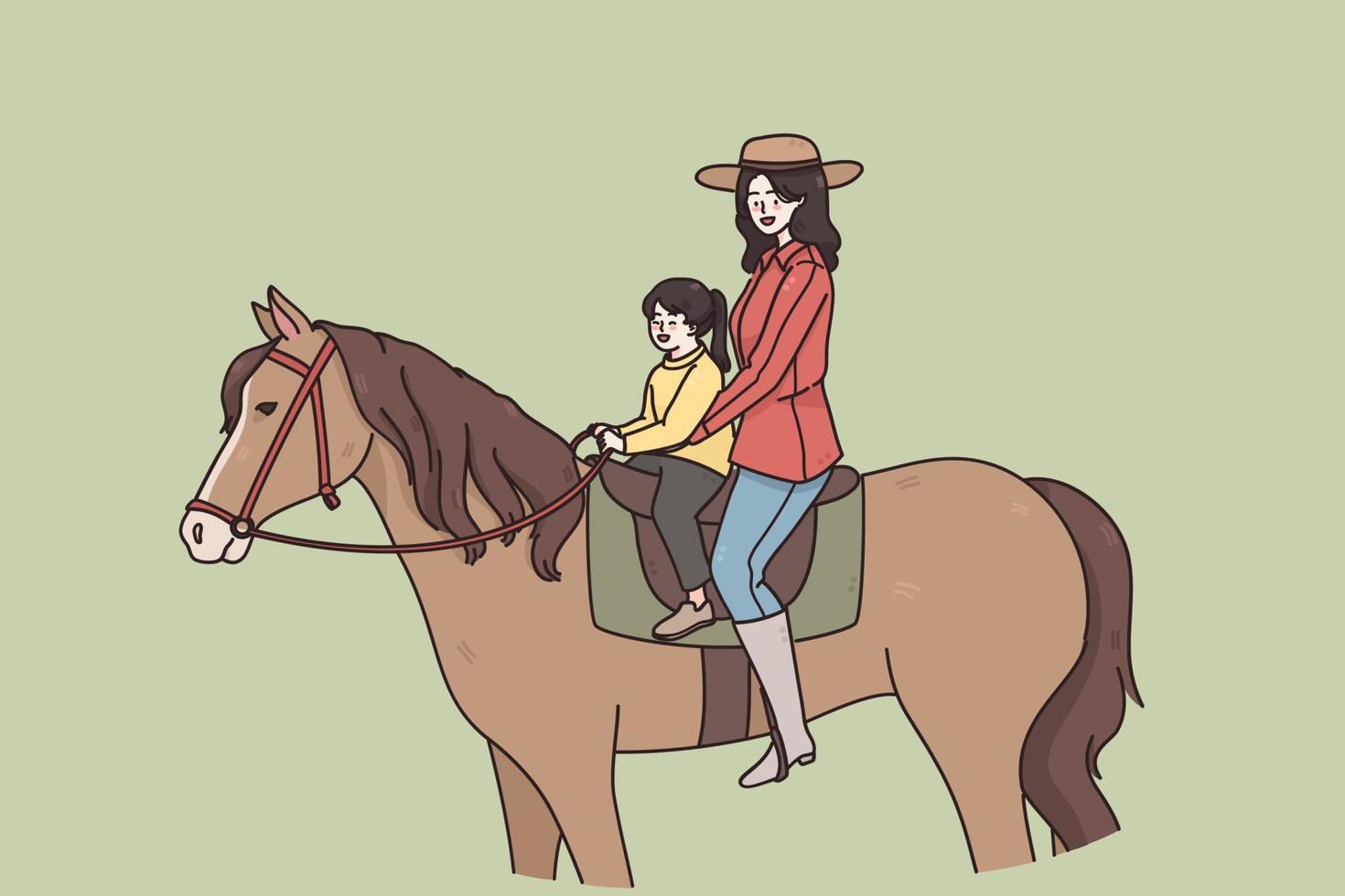 Summer activities and riding concept. Young smiling woman mother and small daughter sitting on horse and riding together outdoors vector illustration