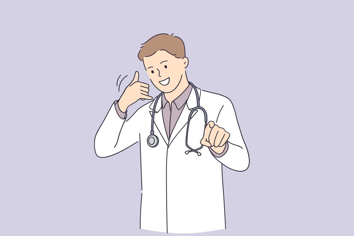 médico profesional y concepto de atención médica. sonriente positivo joven doctor en medicina de pie y mostrando los pulgares hacia arriba con los dedos ilustración vectorial vector