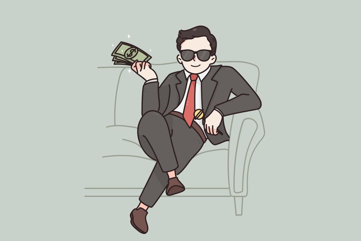 Luxury life and rich child concept. Happy arrogant rich kid boy millionaire cartoon character in suit sitting with bundle of money dollars cash in big luxury vector illustration