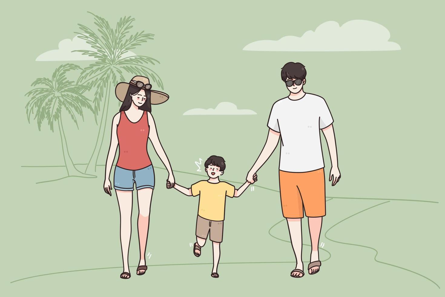 Vacation on sea beach with family concept. Young happy family with small child boy walking across seaside together enjoying vacations vector illustration
