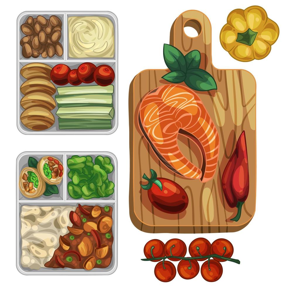 A set of lunch boxes for a full and healthy snack. Red fish with vegetables vector