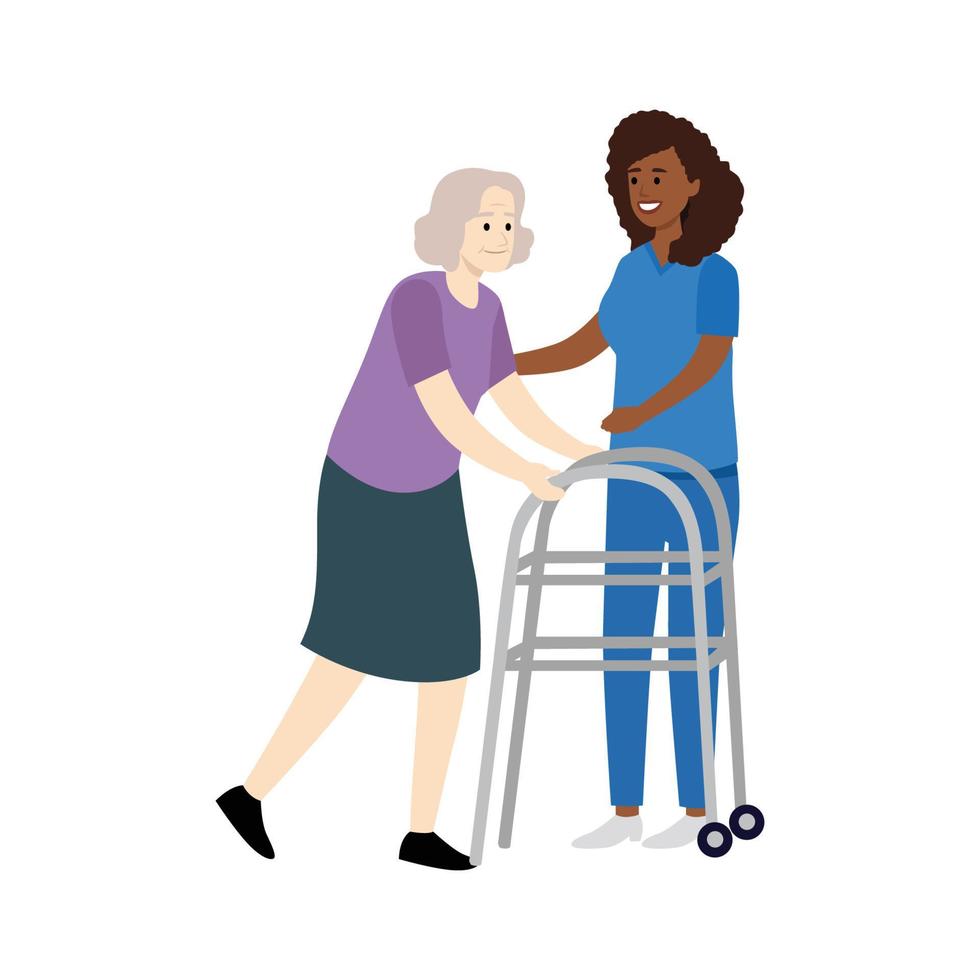 Nurse helps her grandmother to go to the walker. Caring for the elderly. Vector illustration in a flat style