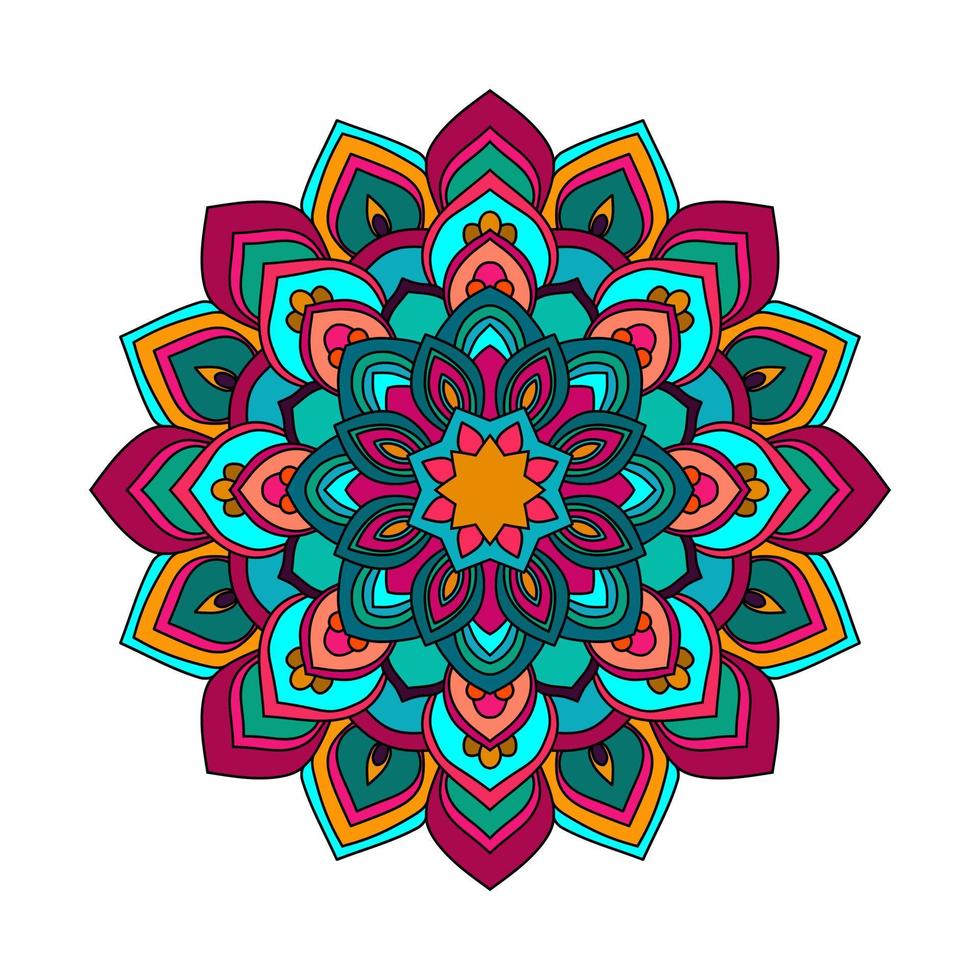 plantilla de ilustración de vector de mandala de color, mandala de garabato dibujado a mano aislado, mandala étnica con colorido adorno tribal.
