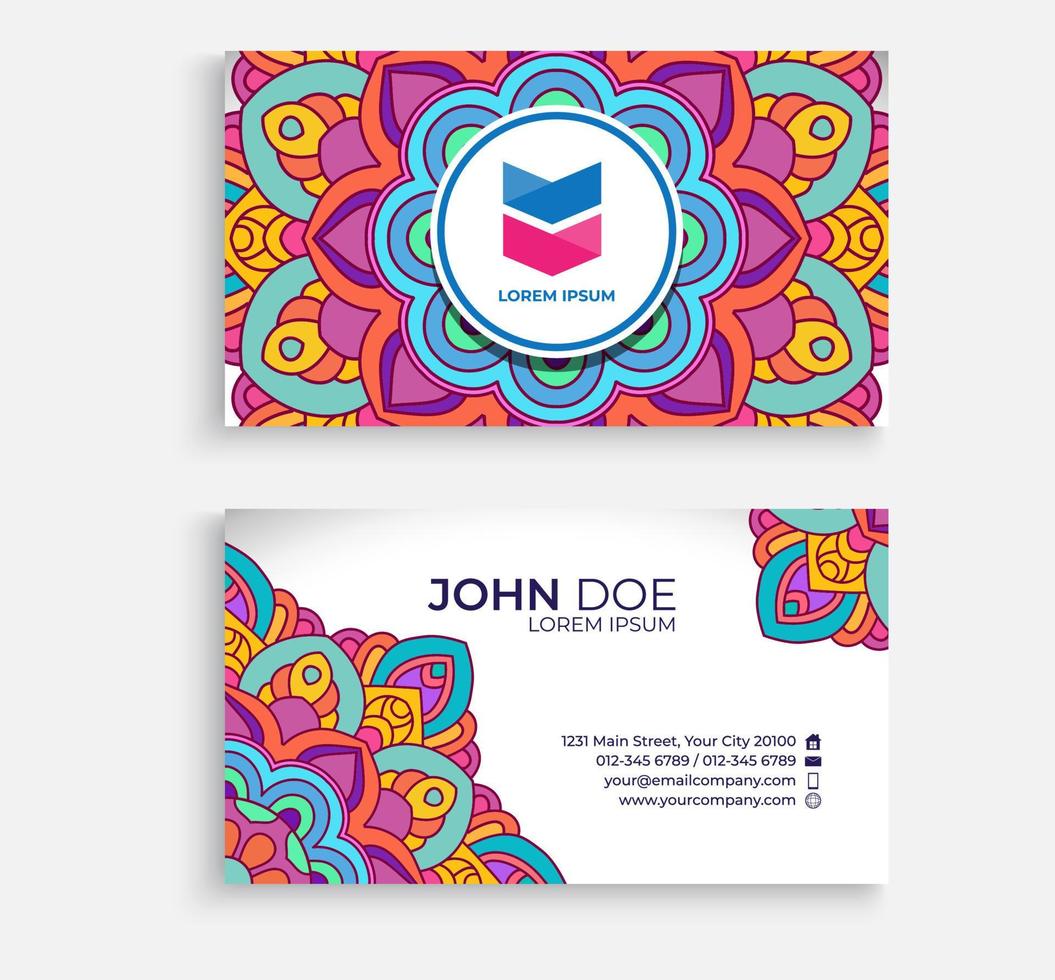 Embroidery style colorful mandala business card design. Bright floral ornamental elements, Indian, Asian, Arabic, Islamic, and ottoman motif. Vector illustration