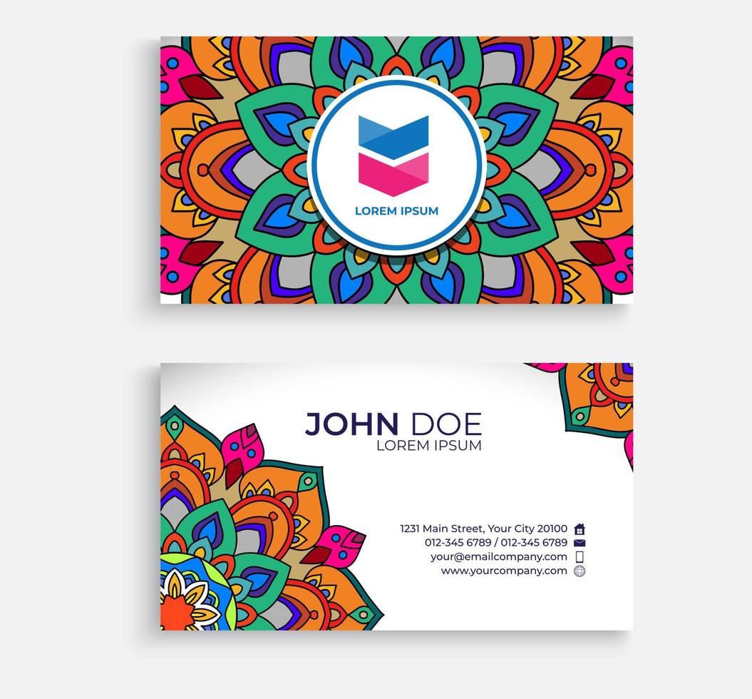 Embroidery style colorful mandala business card design. Bright floral ornamental elements, Indian, Asian, Arabic, Islamic, and ottoman motif. Vector illustration