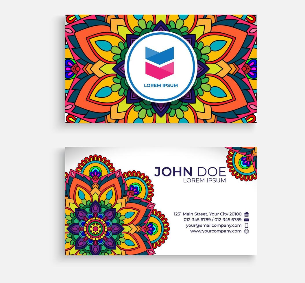 Embroidery style colorful mandala business card design. Bright floral ornamental elements, Indian, Asian, Arabic, Islamic, and ottoman motif. Vector illustration