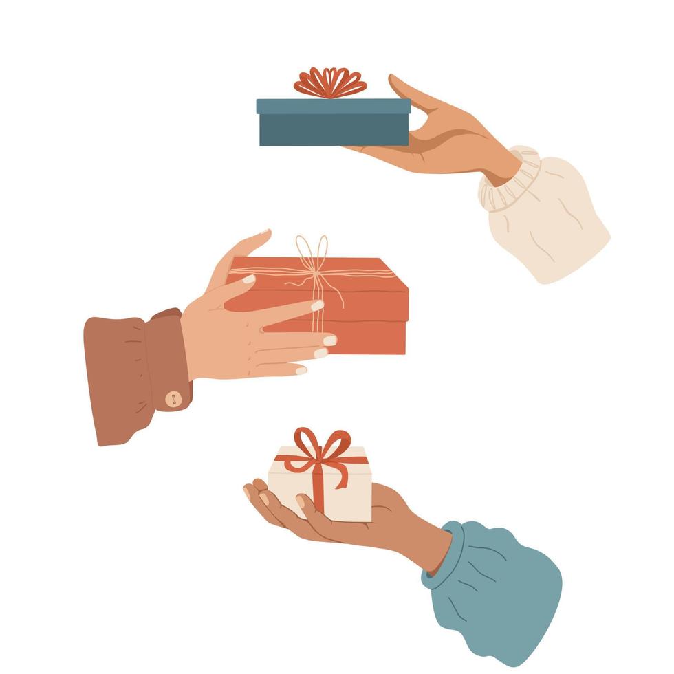 Hands holding gift set. Offering present in box for holiday. vector