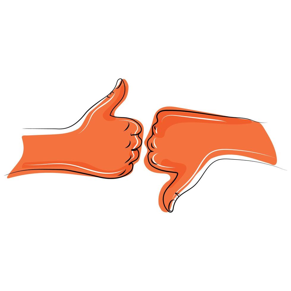 Thumb up and down symbol of recommended and not recommended icon isolated on white background vector illustration. Like and dislike sign hand gesture cartoon drawing