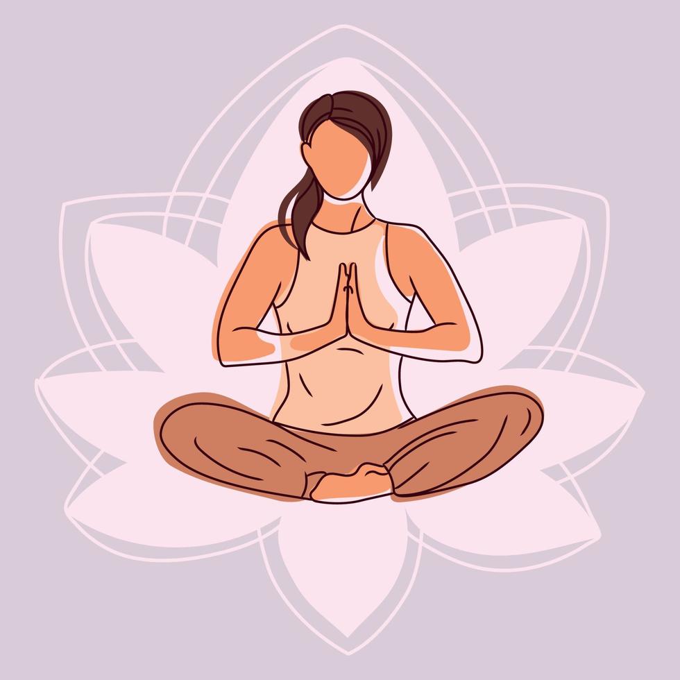 Lotus pose yoga banner.Woman sitting in lotus position meditating on the background of a flower vector illustration.Concept illustration for yoga, meditation, relaxation, healthy lifestyle.