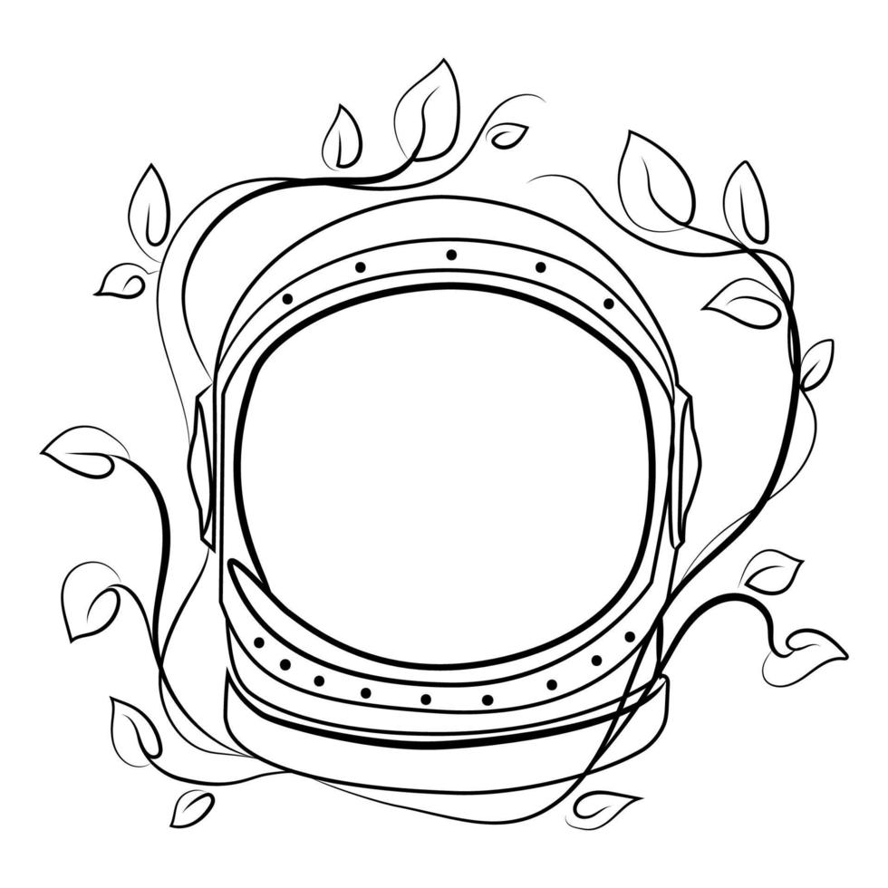 Space helmet of the astronaut with growing flowers and branches Line drawing vector illustration. Monochrome drawing.Creative design template for print, emblem,logo,poster, t shirt, card Hand Drawn