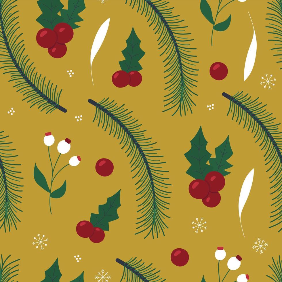 patrón sin costuras de navidad. ilustración vectorial con ramas de abeto, bayas rojas, acebo, copos de nieve. diseño de superficies para textiles, telas, envolturas, papel, embalaje vector