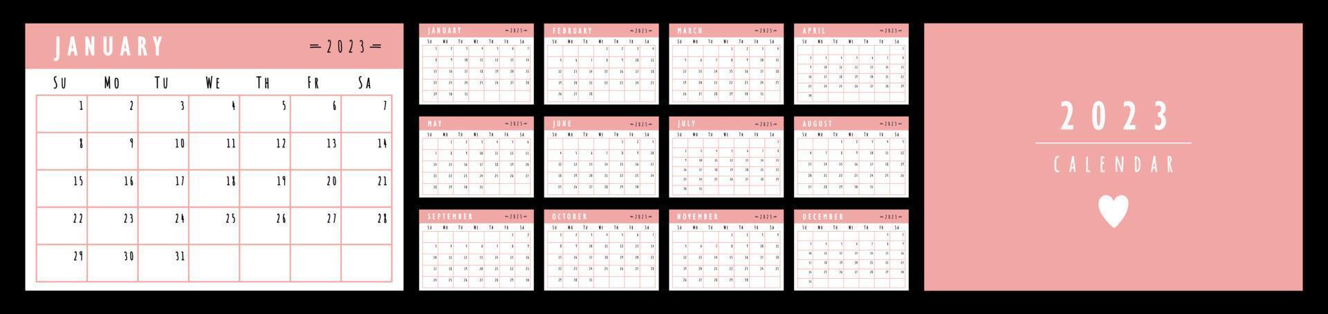 Plantilla de planificador de calendario 2023. la semana comienza el domingo. calendario de pared rosa. conjunto de 12 meses. ilustración vectorial vector
