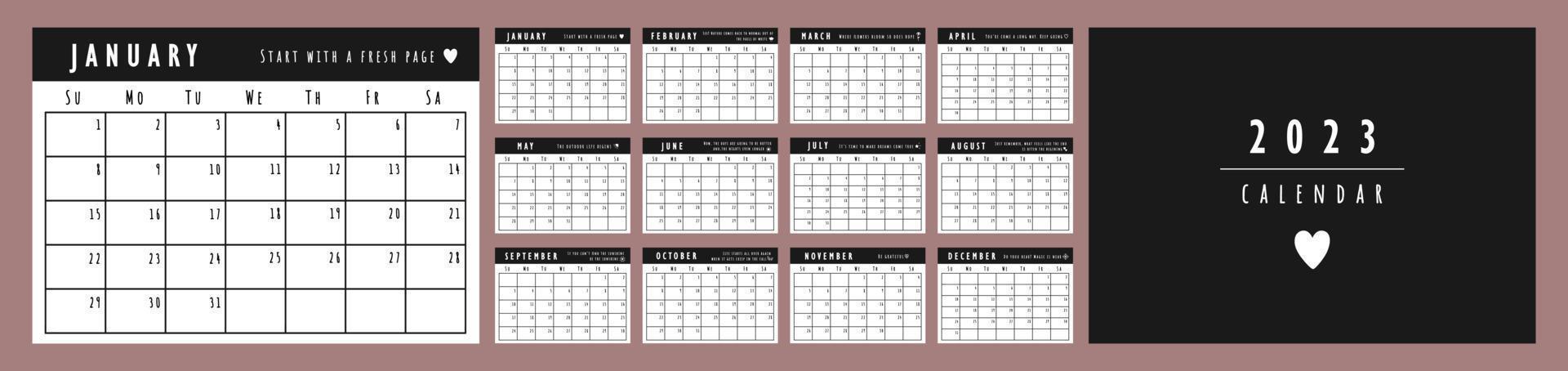 2023 Calendar planner template with quotes. The week starts on Sunday. Black wall or desk calendar. Set of 12 months vector