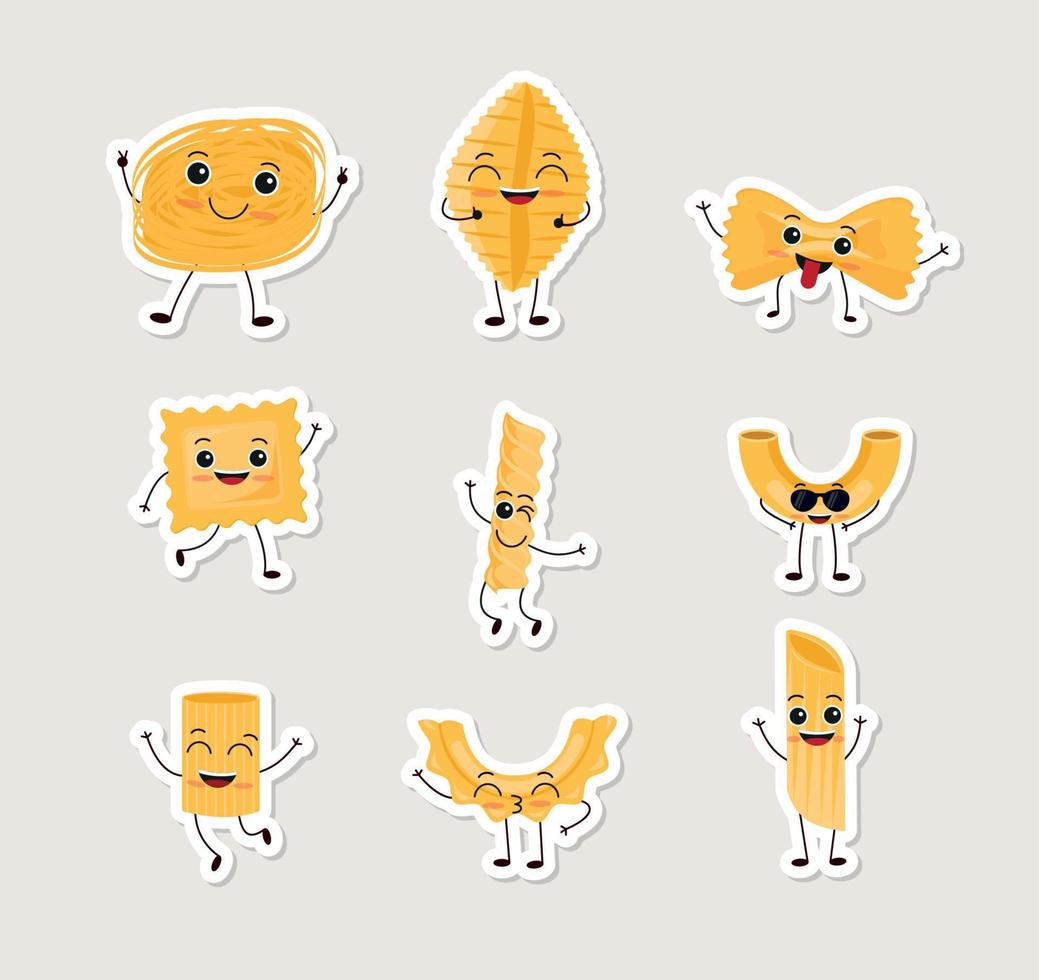 Sticker Pasta characters. Funny noodles with cute faces, hands and feet, comic spaghetti, rigati and fettuccine, happy italian cuisine ingredients, dry product vector cartoon flat isolated