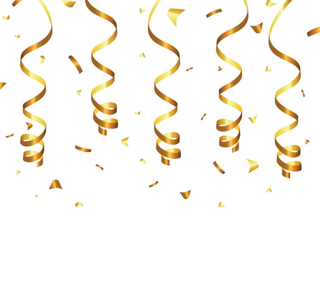 Golden Tiny Confetti And Streamer Ribbon Falling On Transparent Background. Vector