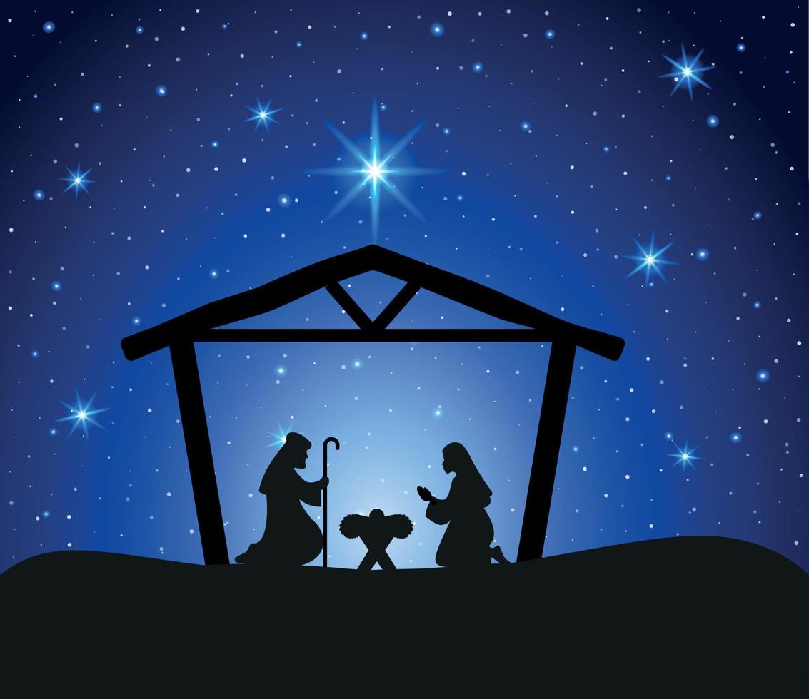 Christmas nativity scene with baby Jesus, Mary and Joseph in the manger.Traditional christian christmas story. Vector illustration for children. eps 10